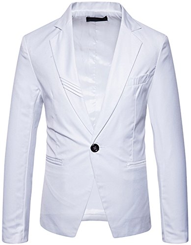 JASSYOY Mens Slim Fit Peak Lapel Collar One Button Blazer Coats Jackets White