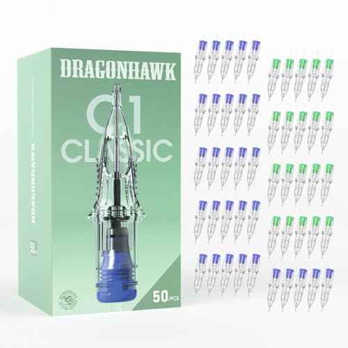 Dragonhawk Extreme 50Pcs Tattoo Needle Cartridges - Assorted Mixed Sizes 1003RL 1005RL 1007RL 1205RS 1207RS for Fine Line Dotwork Soft Shading Tattoos - Compatible with Most Rotary Tattoo Machines