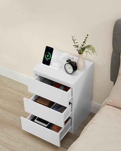 VASAGLE Bedside Table, Set of 2, Side Table, 3 Drawers, Beveled Edge, 2 AC Outlets, 2 USB Ports, Living Room, Bedroom, Study Room, Modern, Cloud White LET831W14
