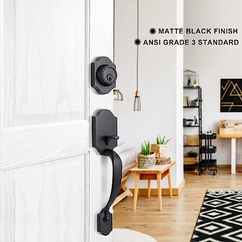 Pioneerworks Front Door Handle Sets With Deadbolt And Lever Door Handle, Single Cylinder Reversible Door Lock Set With Georgian Knob, Matte Black, For Entrance And Front Door #TOP6