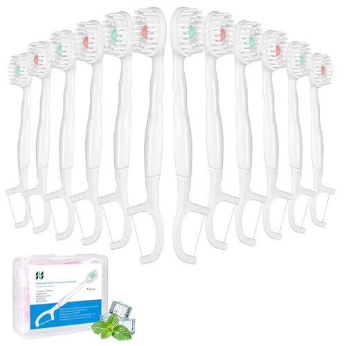 YJFHHH 5 in 1 Disposable Mini Toothbrushes with Toothpaste Tongue Scraper Floss Pick Prepasted Travel Toothbrush 12 Pack (Mixed Flavors)