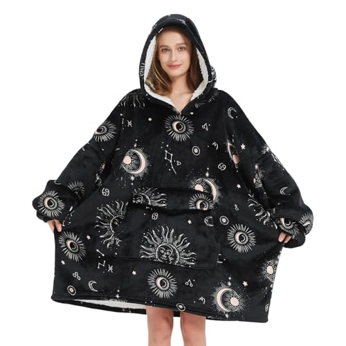 Mewkou Wearable Blanket Hoodie for Adult,Oversized Sherpa Fleece Blanket Hoodie for Women Men,Sun and Moon