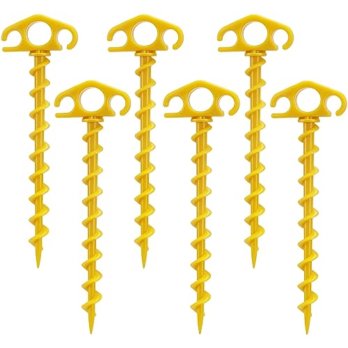 COBARYEN Tent Stakes Ground Anchors Screw in, 6 Pack Sand Stakes for Beach 9.4 Inch Heavy Duty Spiral Tent Pegs for Camping, Party, Hiking, Outdoor Decoration (6, Yellow)