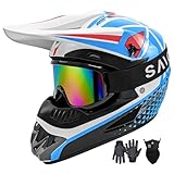 Youth Motorcross Helmet, Kids Motorcycle Dirt Bike Helmet, Adult Off-Road Mountain Bike BMX MX ATV Helmet, Unisex Full-face Helmet, DOT Certified 4 Piece Set (W-Blue, Large) -  ModelY