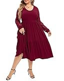 Rubugil Womens Plus Size Dresses Long Lace Sleeve Empire Waist Swing Flowy A-line Midi Dress Wine Red 4X