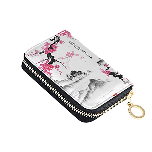 Cherry Blossom Japanese Mountain Fuji Credit Card Coin wallet, RFID Blocking Compact Women Leather Card Holder, Key Change Organizer, Zipper Purse Clutch Pouch Pocket