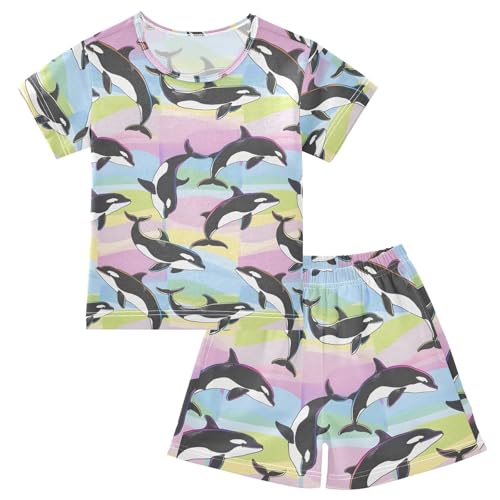ALAZA Rainbow Dolphin Fish Color Pajamas Short Sleeve 2 Piece Sleepwear Top and Bottom Pajama Set Unisex