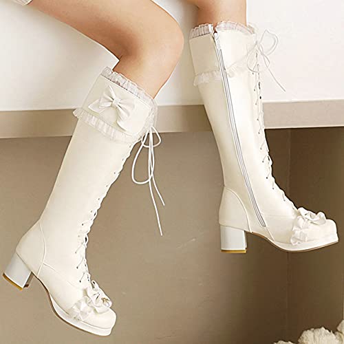 UniqueStride Womens Lolita Knee High Boots Mid Chunky Heel Lace up Boots Cute Sweet Bows Party Cosplay Kawaii Boots4