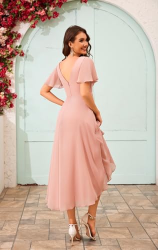 POMUYOO High Low Bridesmaid Dresses Chiffon V-Neck Short Sleeve Ruched Modest Formal Gowns for Wedding3