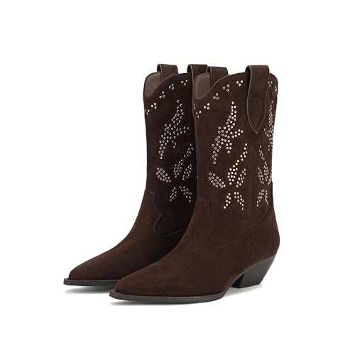 Rogerdream Women’s Mid Calf Contrast Rivet Western Boots, Faux Suede Pointed Toe Cone Heel Cowgirl Boots with Color‑Matched Metal Studs Brown Size 6 — view 4