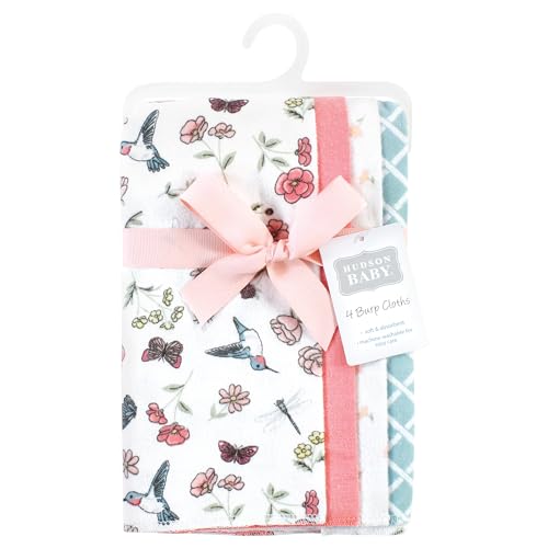 Image of Hudson Baby Unisex Baby Cotton Poly Flannel Burp Cloths, Hummingbird Garden 4 Pack, One Size