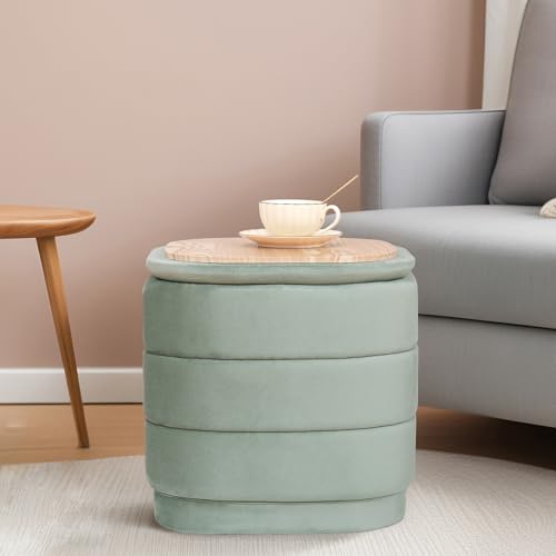 Image of 15 inch Velvet Storage Ottoman with Tray, Foldable Square Ottoman Footrest with Reversible Wood Lid, Collapsible Storage Footstool for Bedroom, Living Room, Dorm, Sage Green