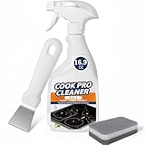3-in-1 Stove Top and Oven Cleaner Kit - Glass Cooktop Cleaner for Ceramic Electric Gas & Induction Stoves - Includes Heavy Duty Scraper and Double-Sided Sponges for Burnt-on Grease, Oil & Grime