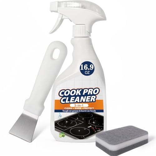 Image of 3-in-1 Stove Top and Oven Cleaner Kit - Glass Cooktop Cleaner for Ceramic Electric Gas & Induction Stoves - Includes Heavy Duty Scraper and Double-Sided Sponges for Burnt-on Grease, Oil & Grime