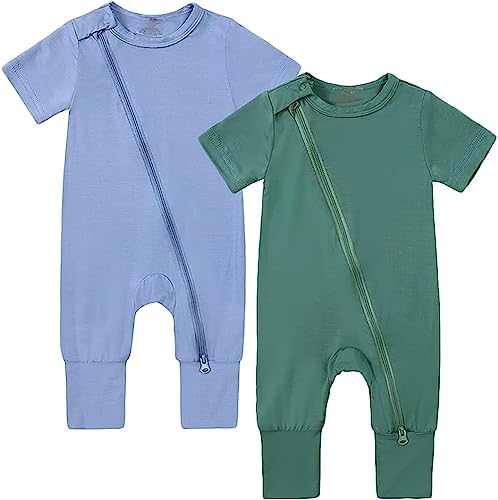 Image of JunNeng Baby Boy 2 Pack Rayon of Bamboo Romper Sleeper Infant Short Sleeve 2 Way Zipper Footless Summer Outfit Blue+Green 3-6 Months
