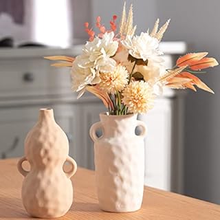 TERESA'S COLLECTIONS Ceramic Vase for Flowers, Set of 2 Brown Beige Flower Vases for Living Room, Pottery Vase for Decor, Mantel, Shelf, 21/19.5cm Tall