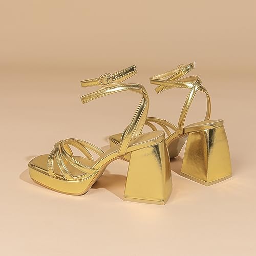 Amoji Women's 4 Inch Platform Chunky Heel Strappy Ankle Strap Block Heeled Sandals 3054