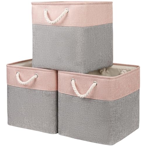 Mangata Cajas de Almacenaje, 33x33x33cm Cestas Almacenaje de Tela para Ropa, Armarios, Estantes,Compatible con Kallax(Gris/Rosa, 3 Pack)