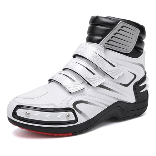 CXBFE Stivali da moto classici da uomo, stivali da moto da uomo in pelle resistente impermeabile, scarpe da moto antiscivolo, equipaggiamento protettivo da trekking(White,46 EU)