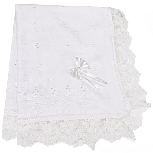 Image of Baby Blanket White Lace Knitted Crochet Towel Baptism Christening First Communion Gifts for Girls Receiving Blankets for Neutral Newborns Toddler