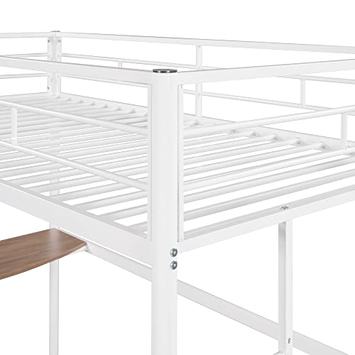 MWrouqfur Twin Size Loft Bed, Loft Bed with Desk and Storage Shelves, Metal Twin Size Loft Bed with Desk, No Box Spring Needed (White)