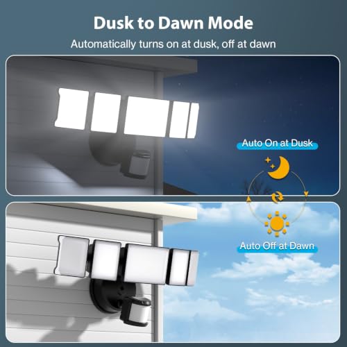 Olafus 2 Pack 18000LM Motion Sensor Outdoor Lights, 5-Head Adjustable Security Flood Light, IP65 Waterproof Dusk to Dawn LED Flood Light for Large Garage, Driveway, Backyard, Black by Olafus - Used condition - Image 5