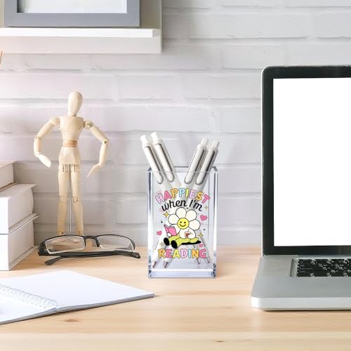 Image of Happiest When I'm Reading Acrylic Cosmetic Pencil Pen Holder Cup, Boho Bookish Desk Organizer Accessories, Bookworm Gifts, Book Lover Gifts for Women Girl Book Club Member Daughter Student