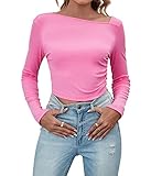Onsoyours Damen Rückenfrei T-Shirt Y2K Langarm Slim Fit Cropped Tee Sexy Rücken Oberteile Y2K Tops Teenage Aesthetic Mädchen Outfits Rundhals Langarmshirt Streetwear C Rosa M