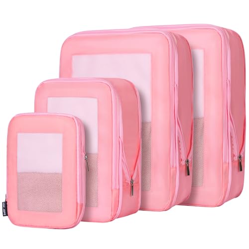 4 Set Ultralight Compression Packing Cubes Travel for Suitcases ，Compressible Mesh Packing Cubes for Travel Women Packing Organizers (Pink)