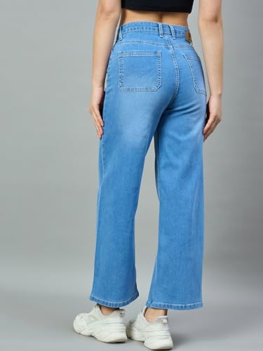 Jean stretch taille haute jambe large galbant bleu - 4