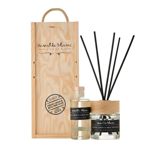Difusor de caña natural Vanilla Blanc Fresh Linen con caja de madera artesanal de lujo