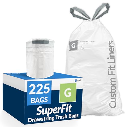 Reli. SuperFit Code G (225 Count) | Compatible with Simplehuman Code G | Custom Fit Liners | Drawstring Trash Bags | 30 Liter / 8 Gallon | White | Roll Pack