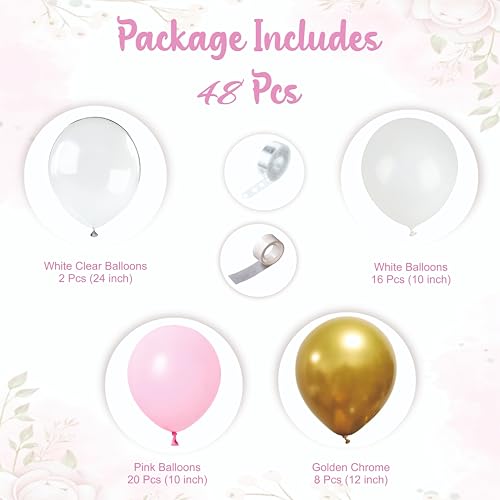 Image of Pink and White Balloon Garland Kit, 48 Pieces, Party Decoration Set with Gold Accents