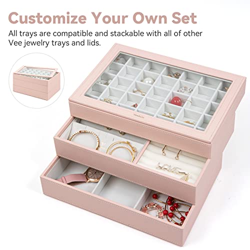 Vee Stackable Jewelry Tray For Drawer, High-Capacity Jewelry Drawer Dresser Storage Organizer For Earring, Ring, Necklace(3 Pack With Lid, Pink) #TOP3