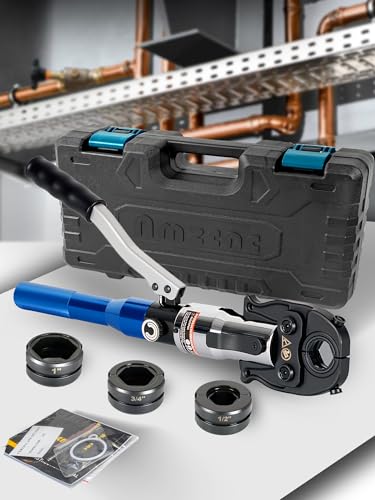 AMZCNC ProPress Tool Kit,Copper Tube Fittings Hydraulic Pipe Crimping Tool with 1/2 inch,3/4 inch and 1 inch Jaw Copper Pipe Press Crimpers Pressing Pliers,Suit for Narrow Space and Tee Fitting