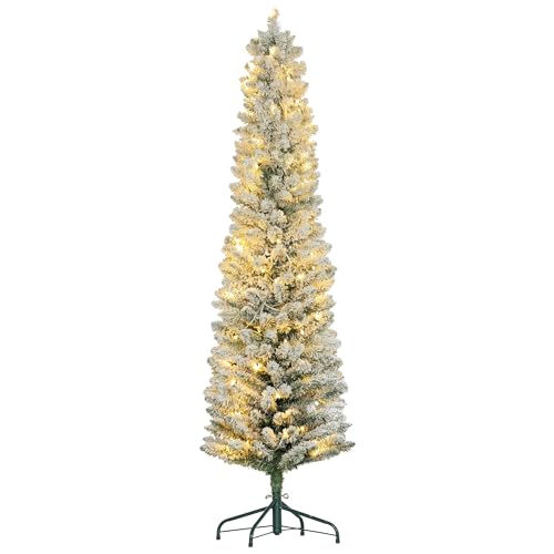 HOMCOM Albero di Natale Innevato con 329 Rami e Luci LED Bianche, Albero di Natale Artificiale in Plastica e Metallo, Ø52x180 cm, Verde