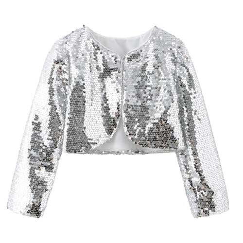 Girls Sequins Cardigan Long Sleeve Open Front Glitter Cropped Blazer Bolero Shrug for Party Dress Silver