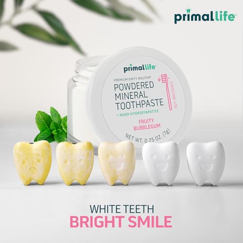 Image of Primal Life Organics - Dirty Mouth Toothpowder, Tooth Cleaning Powder, Flavored Essential Oils with Natural Kaolin & Bentonite Clay, Good for 60+ Brushings, Organic, Vegan (Sweet Bubblegum, 0.25 oz)
