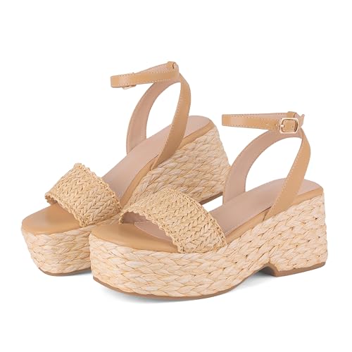 Marc Ford Beach Sandals for Women Platform Espadrilles Raffia Wedges