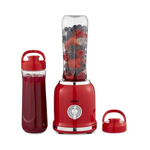 GEEPAS Personal Blender 2 Speed Smoothie Milkshake Maker with Pulse Function - Mini Travel Blender for Protein Shakes with 2 Easy to Clean BPA Free Tritan Sports Bottles 0.6L, 300W, Red