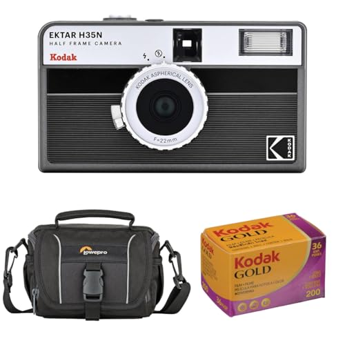 Kodak EKTAR H35N Half Frame Film Camera, Striped Black, Bundle with Kodacolor Gold 200 35mm Color Negative Roll Film and Shoulder Bag