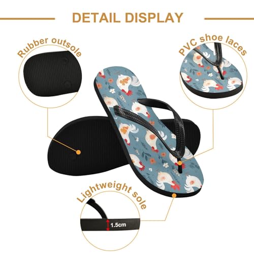 ALAZA Cute White Chicken Rooster Flip Flops for Women Fashion Beach Slippers Comfort Mens Flip Flops Non-Slip Rubber Shower Slippers Sandal for Hotel Travel Sport,XS3