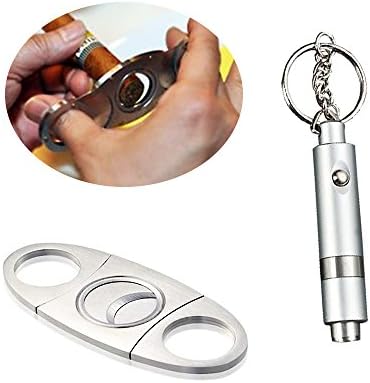 Set of 2 pcs Stainless Steel Cigar Cutter Cigar Punch with Key Chain Silver