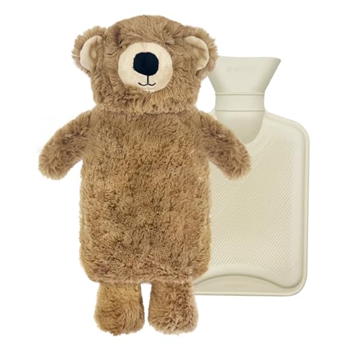 Wärmflasche mit Bezug 1L, Tier Wärmflasche Kinder, Gummi Wärmflaschen mit kuschelig weichem Bezug, Süße Wärmflaschen Bär für Bauch Hand Fuß...