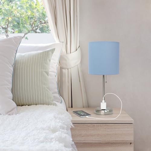 Simple Designs LT1144-BLU Sleek and Slender Brushed Steel Table Lamp with Charging Outlet, for Bedroom, Living Room, Entryway, Office, Dining Room, Study, Blue Shade