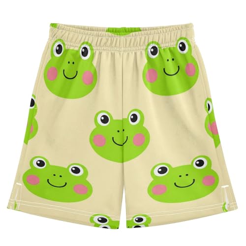 J JOYSAY Cartoon Frog Face Beige Boys Athletic Shorts Kids Youth Casual Shotrs with Elastic Waistband Pockets
