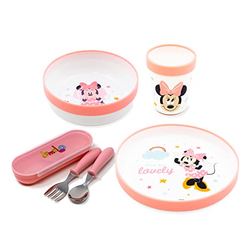 damaloo Coffret Repas Minnie avec Vaisselle et Couverts pour Enfant - Assiette, Bol, Verre, Fourchette et Cuillère - Vaisselle Antidérapante, Réutilisable, Plastique sans BPA - Enfant et Bébé
