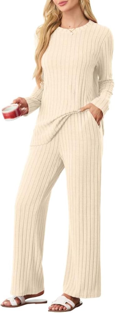 PrinStory Damespyjamasets, gestreepte pyjama's voor dames, sets voor casual loungekleding, tops met lange mouwen en pyjamabroek met zakken, wijnrood, XL