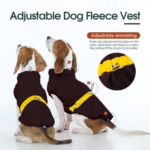 Kuoser Fleece Hundepullover, Verstellbarer Warmer Hundemantel mit Kordelzug, Weiche Hundeweste mit Geschirröffnung für Mittelgroße Hunde Winterjacke, Braun M