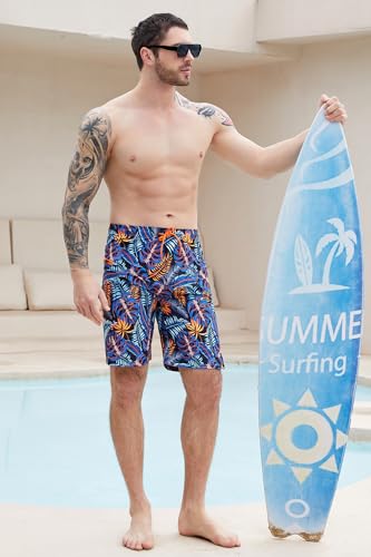 Mens Swim Trunks with Compression Liner Hawaiian Leaf Board Shorts 9 inch Quick Dry Swimming Shorts with Zipper Pockets